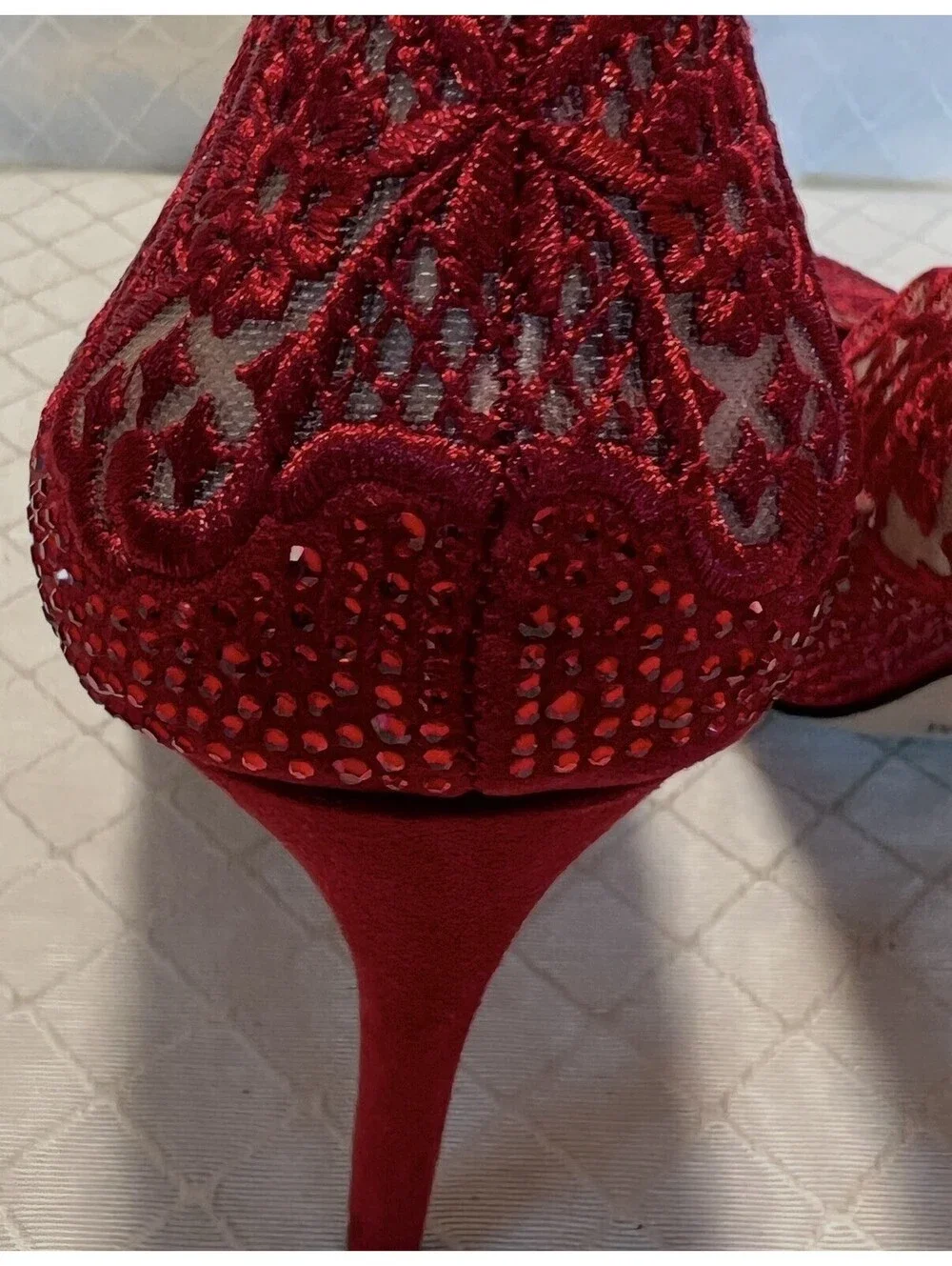 INC Red Lace Rhinestone Pointed Toe Stiletto Heels Size 8